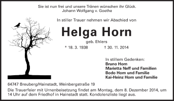 Traueranzeige von Helga Horn von Odenwälder Echo