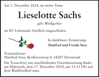 Traueranzeige von Lieselotte Sachs von Echo-Zeitungen (Gesamtausgabe)
