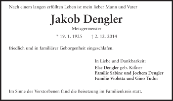 Traueranzeige von Jakob Dengler von Echo-Zeitungen (Gesamtausgabe)