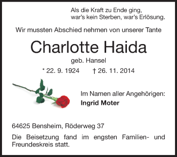 Traueranzeige von Charlotte Haida von Echo-Zeitungen (Gesamtausgabe)