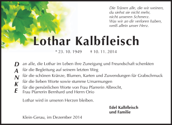 Traueranzeige von Lothar Kalbfleisch von Echo-Zeitungen (Gesamtausgabe)