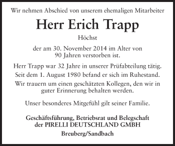 Traueranzeige von Erich Trapp von Odenwälder Echo