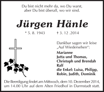 Traueranzeige von Jürgen Hänle von Echo-Zeitungen (Gesamtausgabe)