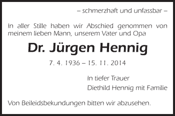 Traueranzeige von Jürgen Hennig von Echo-Zeitungen (Gesamtausgabe)