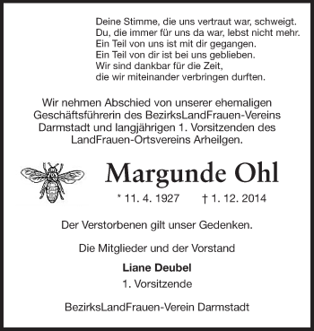 Traueranzeige von Margunde Ohl von Echo-Zeitungen (Gesamtausgabe)
