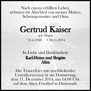 Traueranzeige von Gertrud Kaiser von Echo-Zeitungen (Gesamtausgabe)