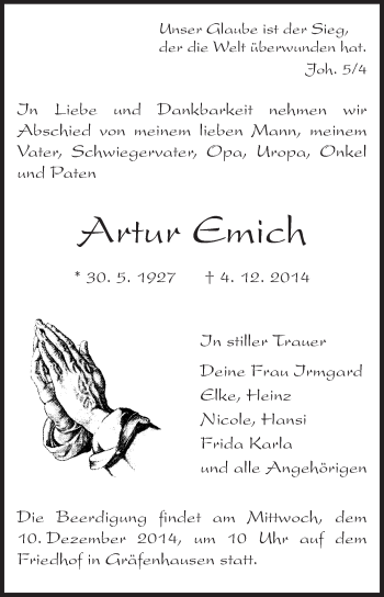 Traueranzeige von Artur Emich von Echo-Zeitungen (Gesamtausgabe)