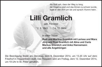Traueranzeige von Lilli Gramlich von Starkenburger Echo