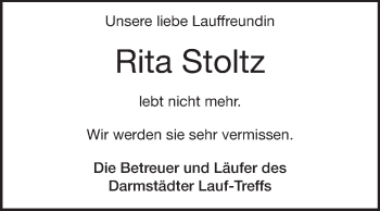 Traueranzeige von Rita Stoltz von Darmstädter Echo, Odenwälder Echo, Rüsselsheimer Echo, Groß-Gerauer-Echo, Ried Echo