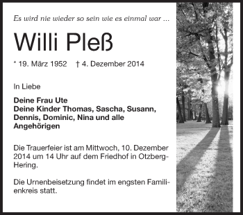 Traueranzeige von Willi Pleß von Echo-Zeitungen (Gesamtausgabe)