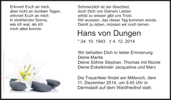 Traueranzeige von Hans von Dungen von Echo-Zeitungen (Gesamtausgabe)