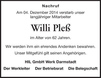 Traueranzeige von Willi Pleß von Echo-Zeitungen (Gesamtausgabe)