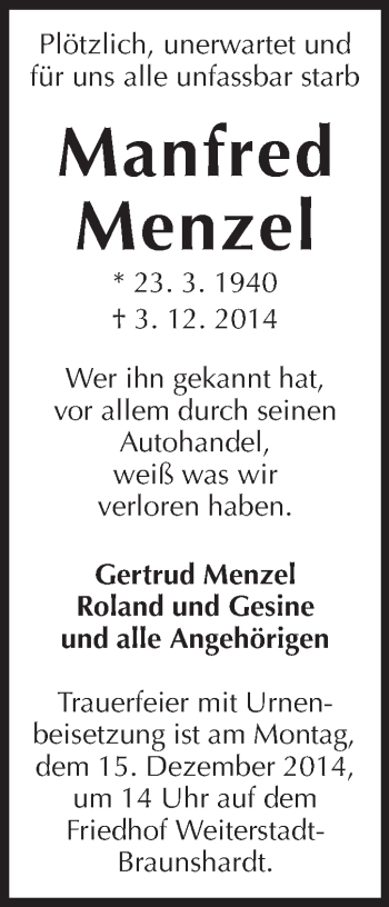 Traueranzeige von Manfred Menzel von Echo-Zeitungen (Gesamtausgabe)