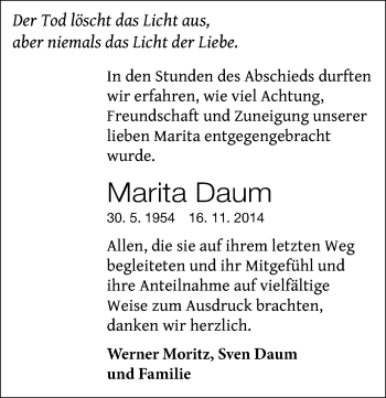 Traueranzeige von Marita Daum von Echo-Zeitungen (Gesamtausgabe)
