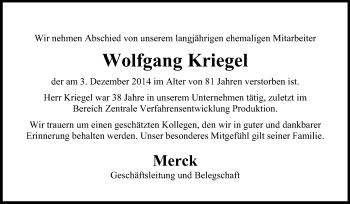 Traueranzeige von Wolfgang Kriegel von Echo-Zeitungen (Gesamtausgabe)