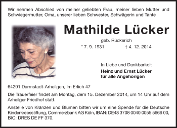 Traueranzeige von Mathilde Lücker von Echo-Zeitungen (Gesamtausgabe)