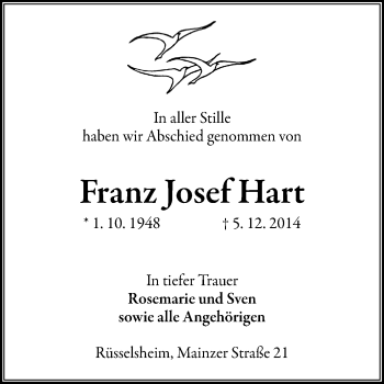 Traueranzeige von Franz Josef Hart von Rüsselsheimer Echo, Groß-Gerauer-Echo, Ried Echo