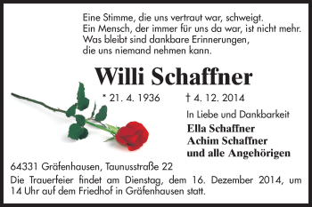 Traueranzeige von Willi Schaffner von Echo-Zeitungen (Gesamtausgabe)