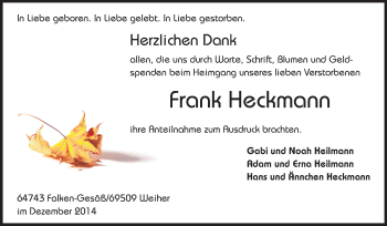 Traueranzeige von Frank Heckmann von Odenwälder Echo