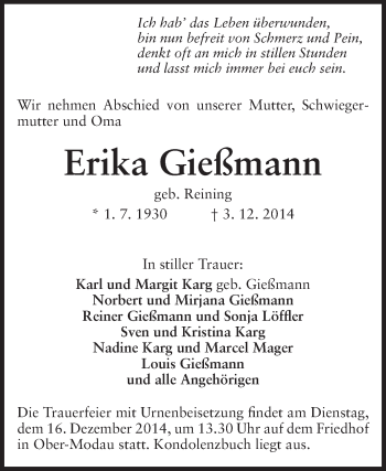 Traueranzeige von Erika Gießmann von Darmstädter Echo, Odenwälder Echo, Rüsselsheimer Echo, Groß-Gerauer-Echo, Ried Echo