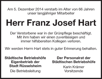 Traueranzeige von Franz Josef Hart von Rüsselsheimer Echo, Groß-Gerauer-Echo, Ried Echo