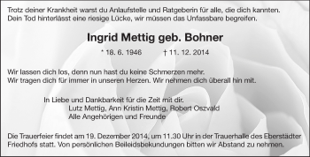 Traueranzeige von Ingrid Mettig von Echo-Zeitungen (Gesamtausgabe)