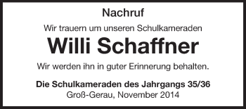 Traueranzeige von Willi Schaffner von Rüsselsheimer Echo, Groß-Gerauer-Echo, Ried Echo