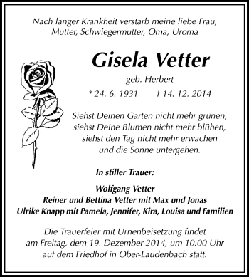 Traueranzeige von Gisela Vetter von Starkenburger Echo