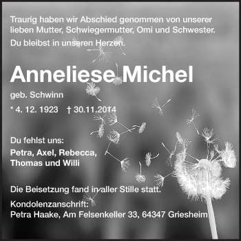 Traueranzeige von Anneliese Michel von Echo-Zeitungen (Gesamtausgabe)