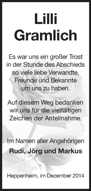 Traueranzeige von Lilli Gramlich von Starkenburger Echo
