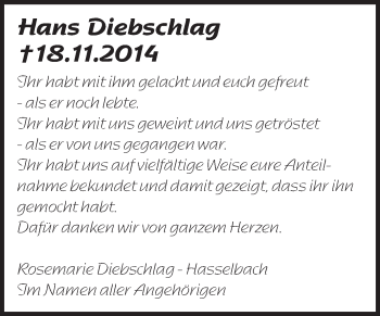 Traueranzeige von Hans Diebschlag von Rüsselsheimer Echo, Groß-Gerauer-Echo, Ried Echo