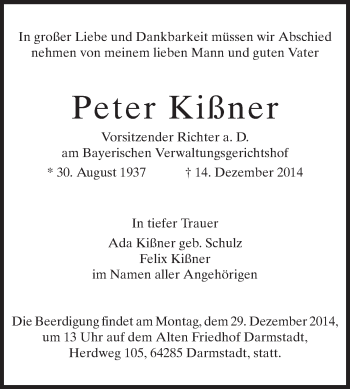 Traueranzeige von Peter Kißner von Echo-Zeitungen (Gesamtausgabe)