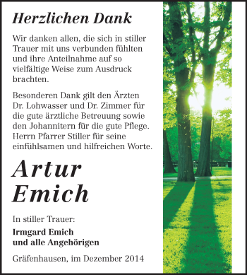 Traueranzeige von Artur Emich von Echo-Zeitungen (Gesamtausgabe)