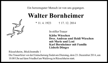 Traueranzeige von Walter Bornheimer von Rüsselsheimer Echo, Groß-Gerauer-Echo, Ried Echo