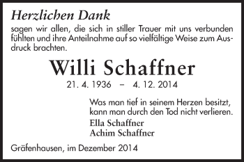 Traueranzeige von Willi Schaffner von Echo-Zeitungen (Gesamtausgabe)