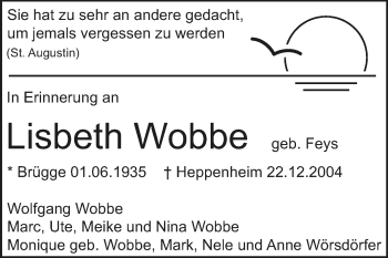 Traueranzeige von Lisbeth Wobbe von Starkenburger Echo