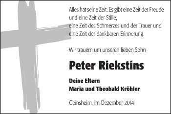 Traueranzeige von Peter Riekstins von Rüsselsheimer Echo, Groß-Gerauer-Echo, Ried Echo