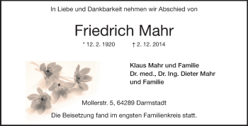 Traueranzeige von Friedrich Mahr von Darmstädter Echo, Odenwälder Echo, Rüsselsheimer Echo, Groß-Gerauer-Echo, Ried Echo