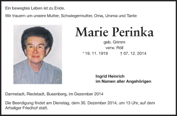 Traueranzeige von Marie Perinka von Echo-Zeitungen (Gesamtausgabe)