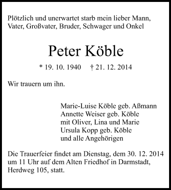 Traueranzeige von Peter Köble von Echo-Zeitungen (Gesamtausgabe)