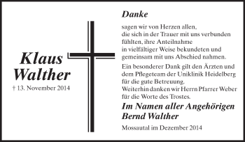 Traueranzeige von Klaus Walther von Odenwälder Echo