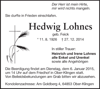 Traueranzeige von Hedwig Lohnes von Echo-Zeitungen (Gesamtausgabe)