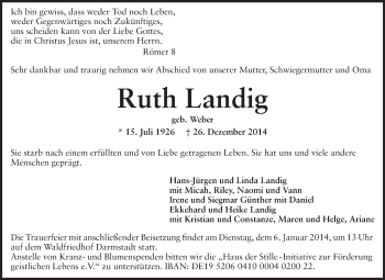 Traueranzeige von Ruth Landig von Echo-Zeitungen (Gesamtausgabe)