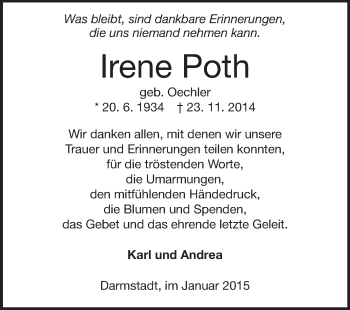 Traueranzeige von Irene Poth von Echo-Zeitungen (Gesamtausgabe)