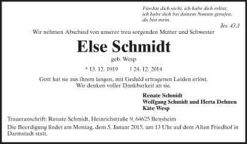 Traueranzeige von Else Schmidt von Echo-Zeitungen (Gesamtausgabe)