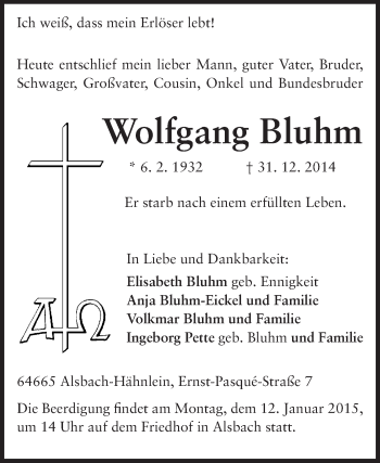 Traueranzeige von Wolfgang Bluhm von Echo-Zeitungen (Gesamtausgabe)