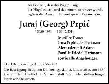 Traueranzeige von Juraj Prpic von Darmstädter Echo, Odenwälder Echo, Rüsselsheimer Echo, Groß-Gerauer-Echo, Ried Echo