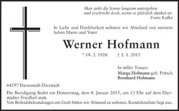 Traueranzeige von Werner Hofmann von Echo-Zeitungen (Gesamtausgabe)