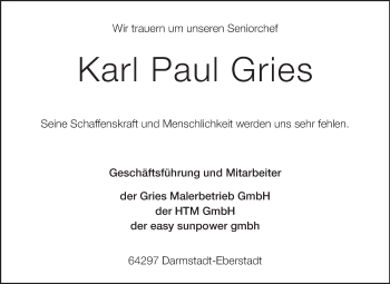 Traueranzeige von Karl Paul Gries von Echo-Zeitungen (Gesamtausgabe)