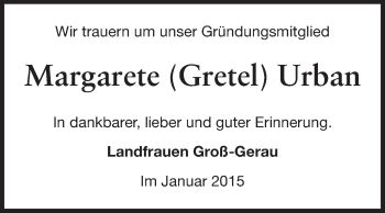 Traueranzeige von Margarete Urban von Rüsselsheimer Echo, Groß-Gerauer-Echo, Ried Echo